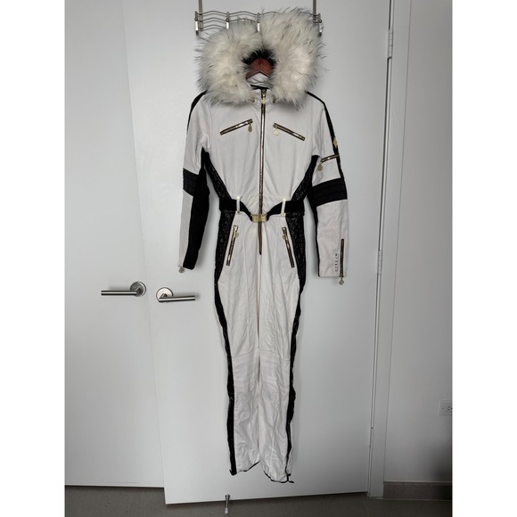 Luxury White Black Gold Fur Hooded Ski Suit Jumpsuit Women's Snowboard US 6 - Picture 16 of 16